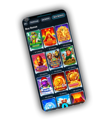 WinWinter Buy Bonus slot lobby with Elvis Frog, Volcanoes and Elephant Gold titles